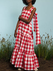 A-Line Loose Plaid Split-Joint Tied Square-Neck Maxi Dresses