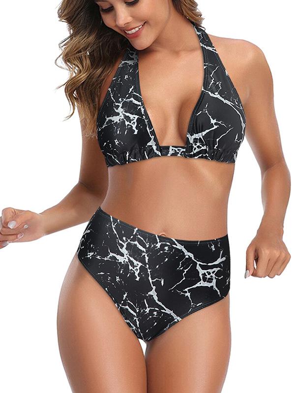 Gradient Halterneck Knotted Split Bikini Swimsuit