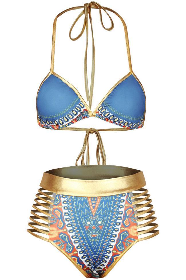 Triangel-Bikini-Badeanzug mit Riemchen und hoher Taille in Metallic-Optik - Zweiteiliges Set 