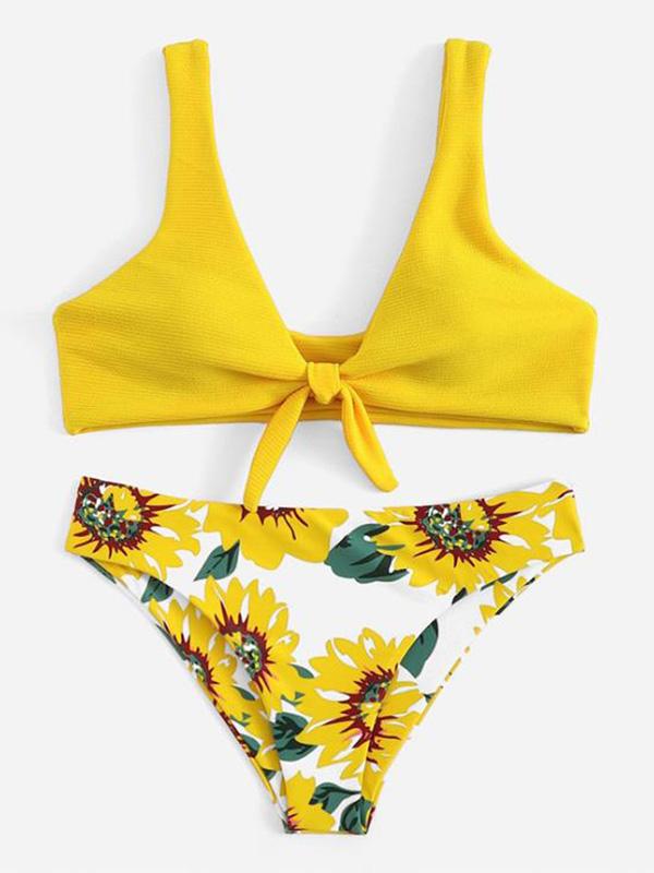 Color-Block Floral-Print Knotted Split Bikini Swimsuit