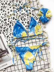 Tie-Dyed Printed Halterneck Split Bikini Swimsuit +Hair Ring