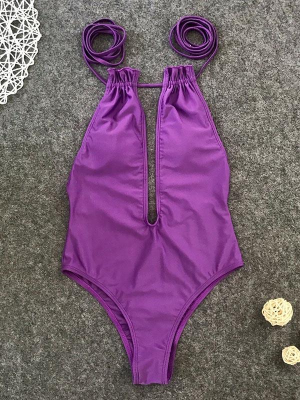 Sexy Solid Color Backless Halterneck One-Piece Swimwear