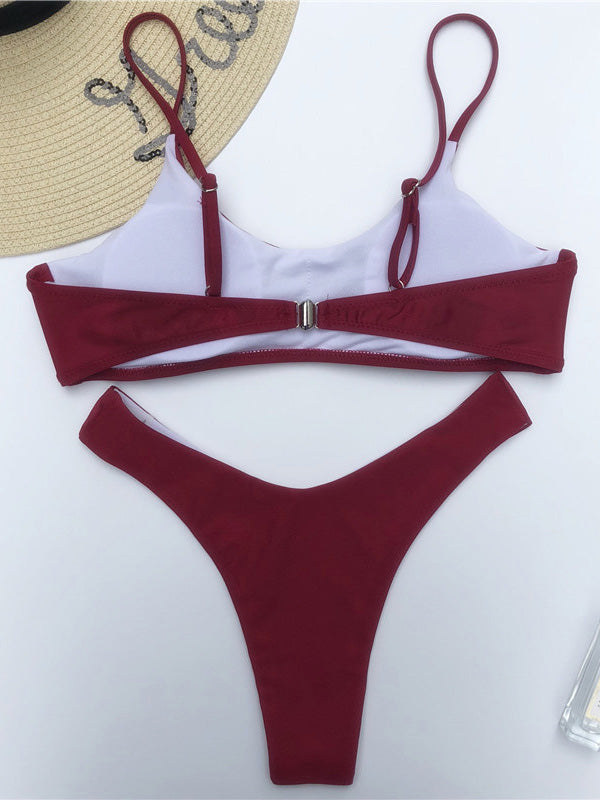 Solid Round-Neck Plunge Top With Hipster Bikini Set