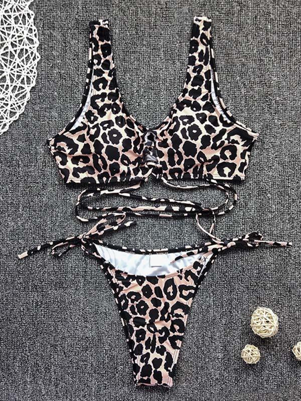 Leopard Print Bandage Hollow Split Bikini Swimsuit