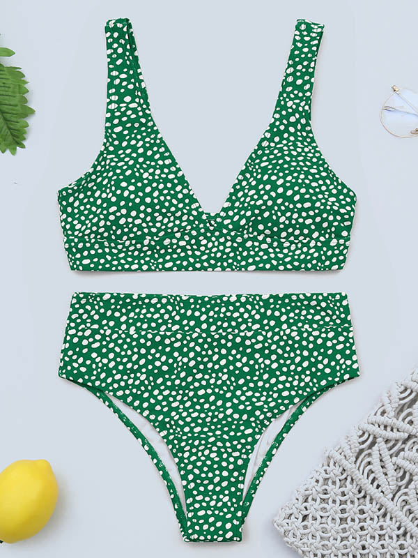 Polka-Dot Printed Deep V-Neck Split Bikini Swimsuit