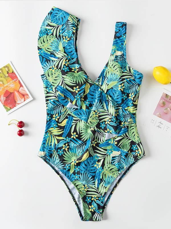 Leaf Printing Asymmetric Flared Sleeves One-Piece Swimwear