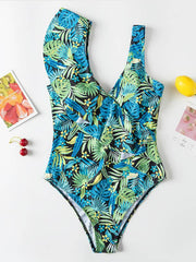 Leaf Printing Asymmetric Flared Sleeves One-Piece Swimwear