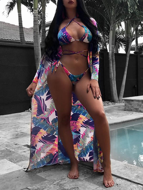 Floral-Print Bandage Triangles Split Bikini Swimsuit+Cover-Ups Tops