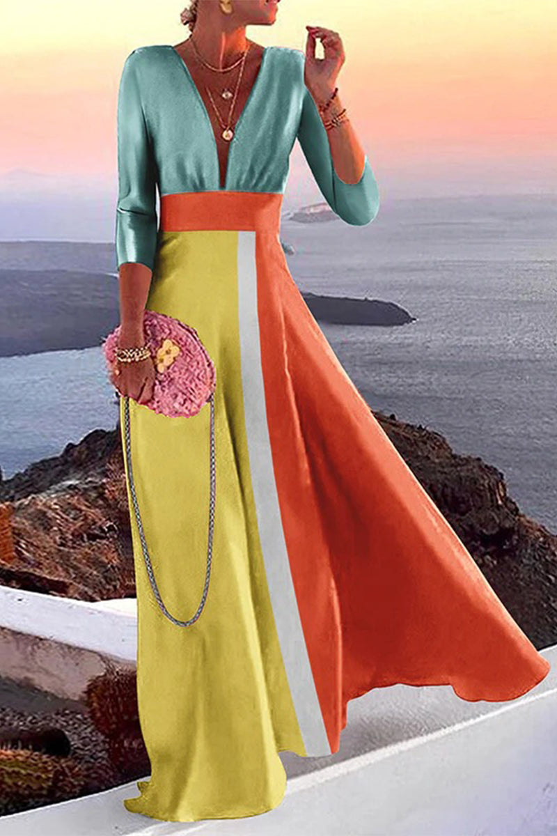 Elegantes Patchwork-Kleid mit V-Ausschnitt und One-Step-Rock im Urlaubsdruck (3 Farben)