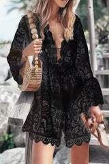 Casual Vacation Solid Lace Embroidered Swimwears Cover Up