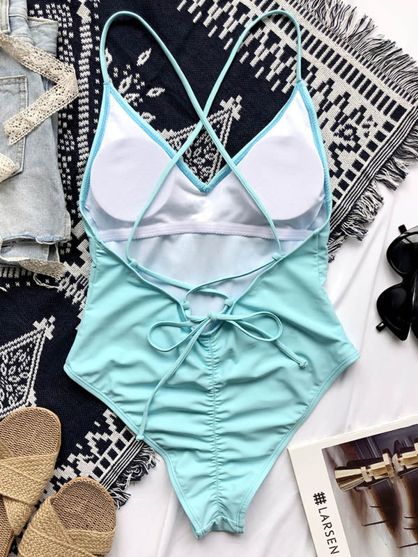 Solid Color V-Neck Backless Bandage Split Bikini Swimsuit