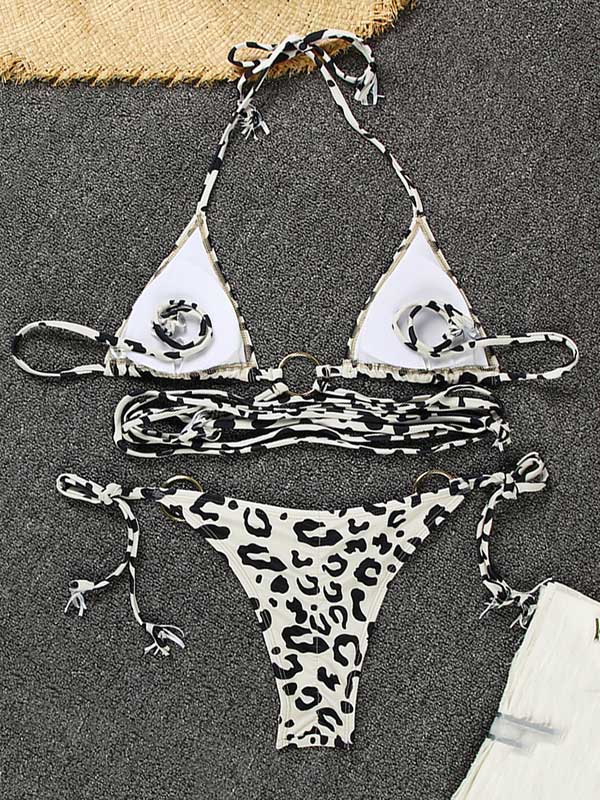 Rückenfreier Bikini-Badeanzug mit Leopardenmuster, Bandage und Dreiecken 