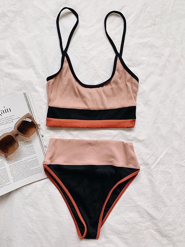 Solid Color Color-Block Spaghetti-Neck Split Bikini Swimsuit