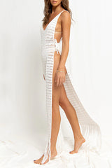 Sexy Vacation Solid Tassel Hollowed Out Slit Swimwears Cover Up