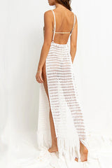 Sexy Vacation Solid Tassel Hollowed Out Slit Swimwears Cover Up