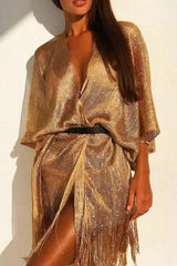 Sexy Vacation Solid Tassel Slit Sequined Swimwears Cover Up