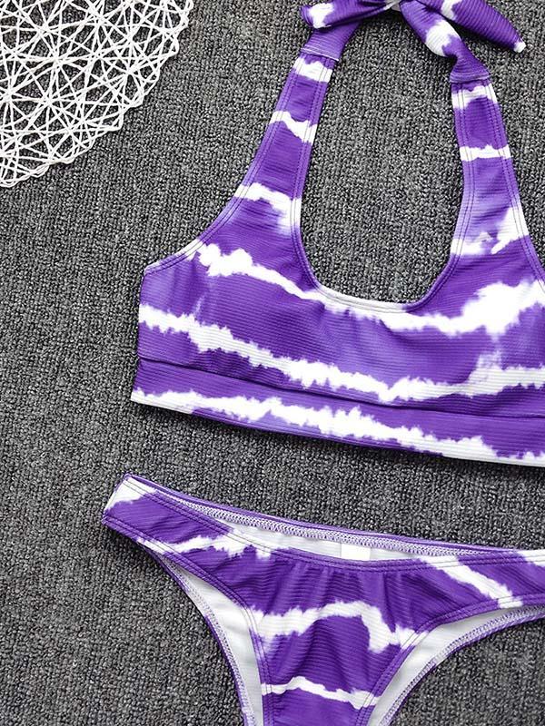 Tie-Dyed Abstract Printed Halterneck Knotted Split Bikini Swimsuit