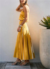 Lemon Watercolor Crop Top & Mid Waist Pleated Skirt Set