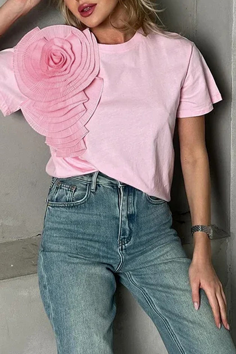 Daily Solid Color Flowers O Neck T-Shirts