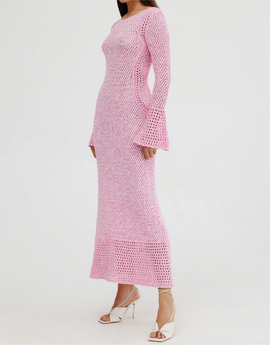 Pink Flared Sleeve Knit Maxi Dress