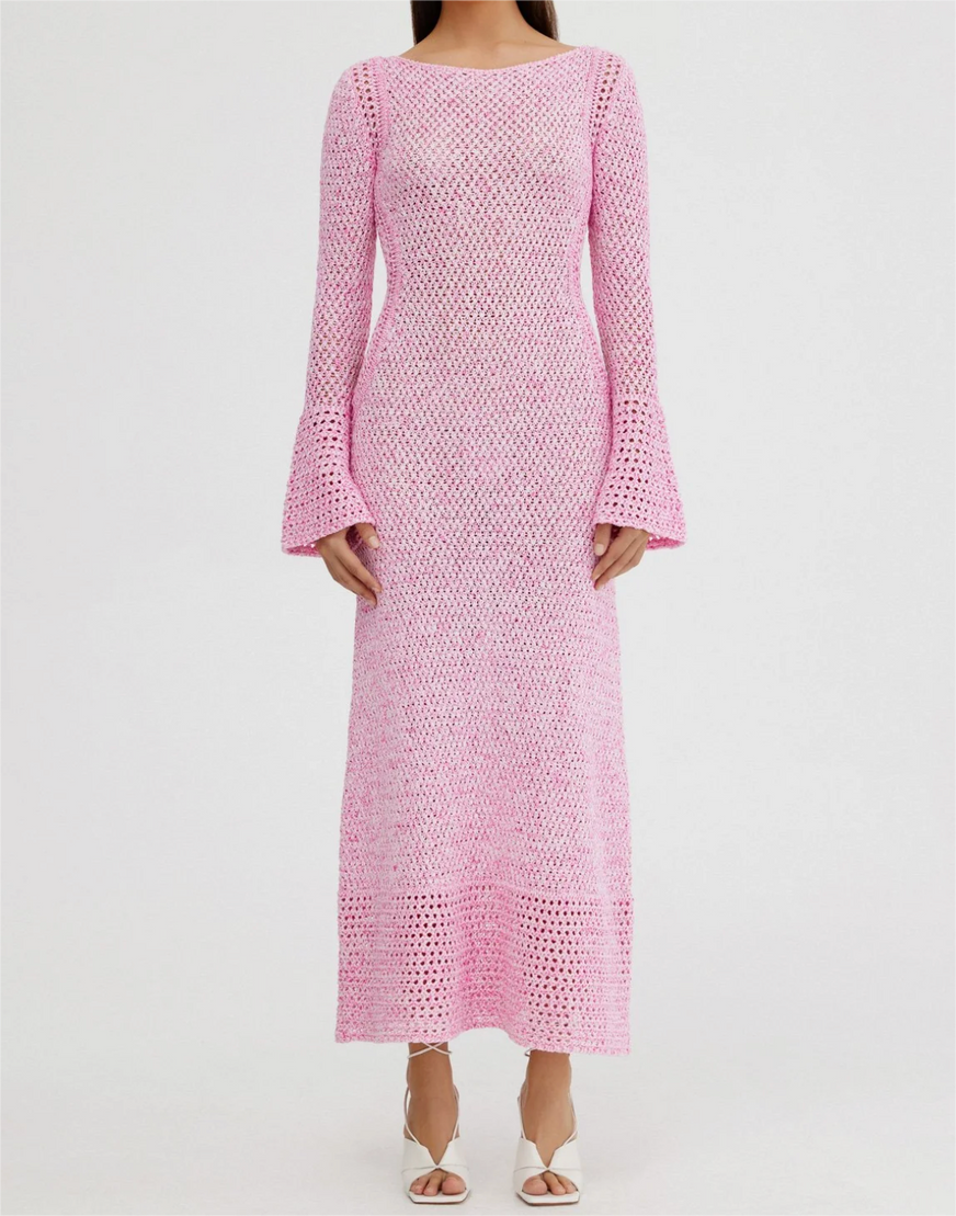 Pink Flared Sleeve Knit Maxi Dress