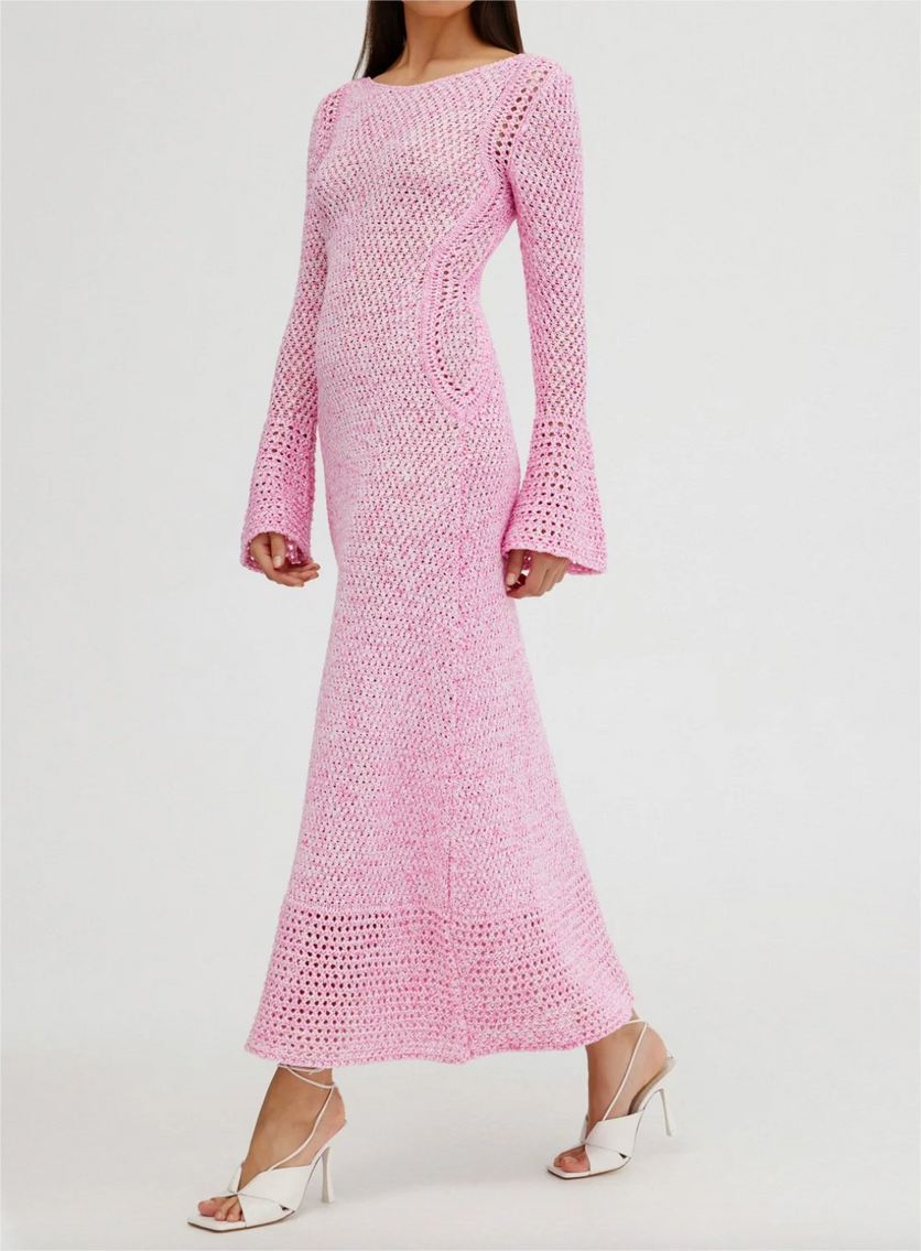 Pink Flared Sleeve Knit Maxi Dress