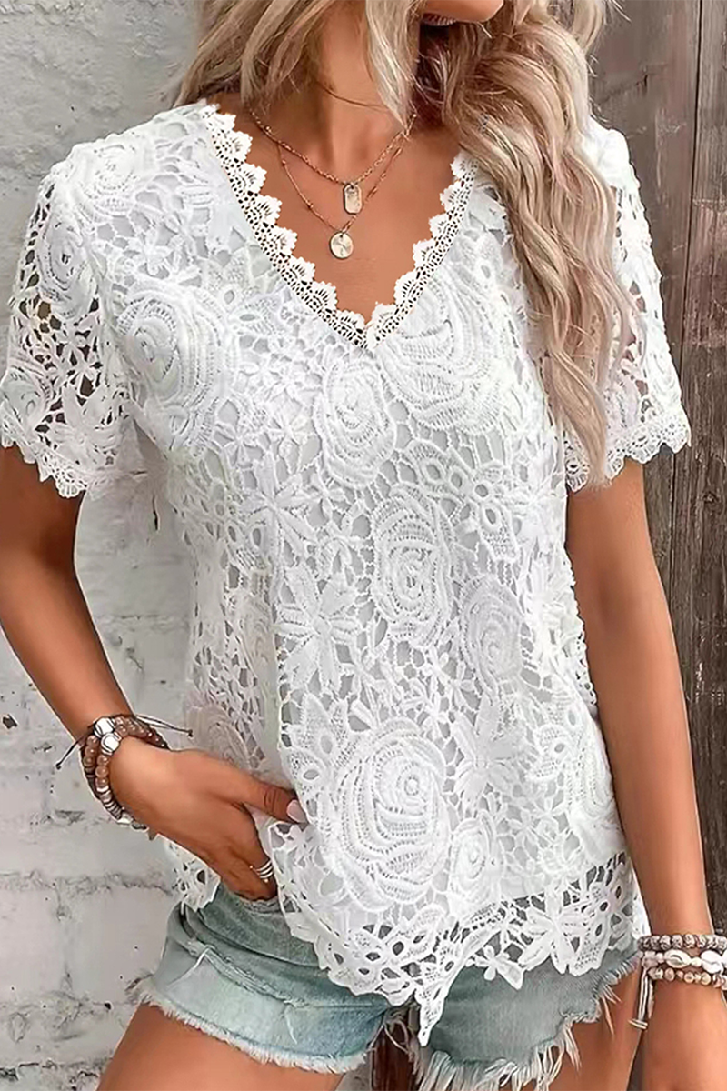 Casual Daily Solid Color Lace V Neck T-Shirts(5 Colors)