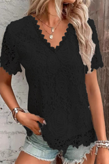 Casual Daily Solid Color Lace V Neck T-Shirts(5 Colors)