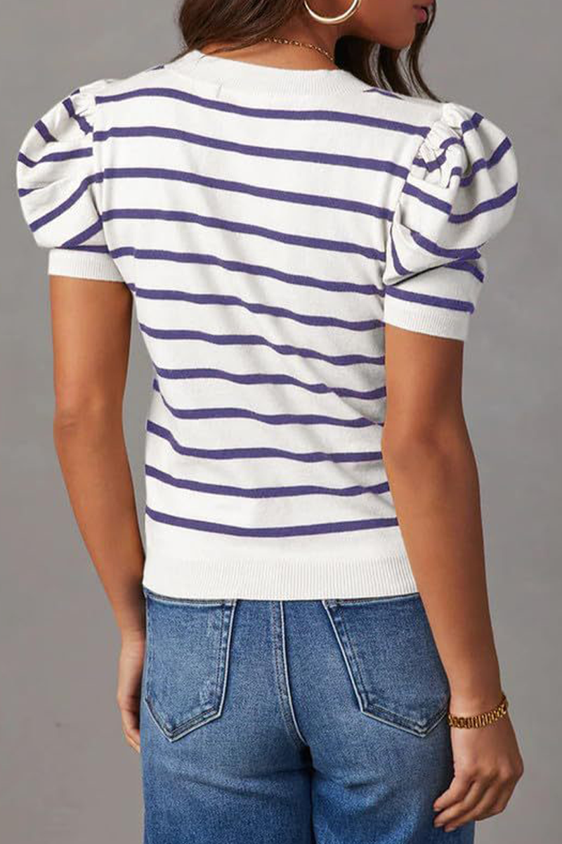 Casual Stripe Ruched Weave O Neck T-Shirts(5 Colors)