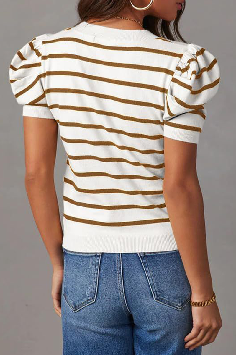 Casual Stripe Ruched Weave O Neck T-Shirts(5 Colors)