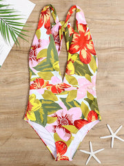 Floral Deep V-Neck Backless One-Piece Swimwear