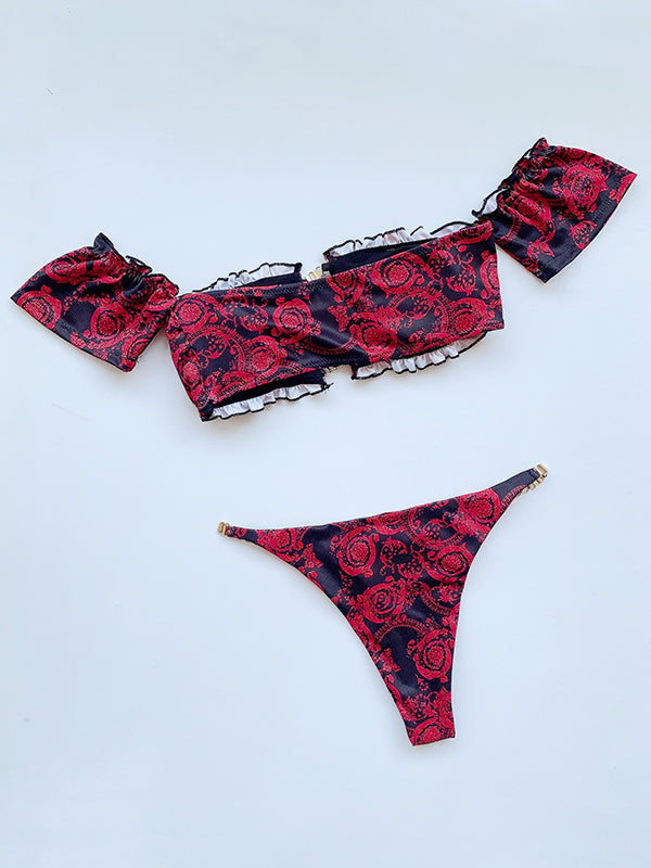 Falbala Sleeve Split-Joint Sexy Bandeau Bikini Swimwear