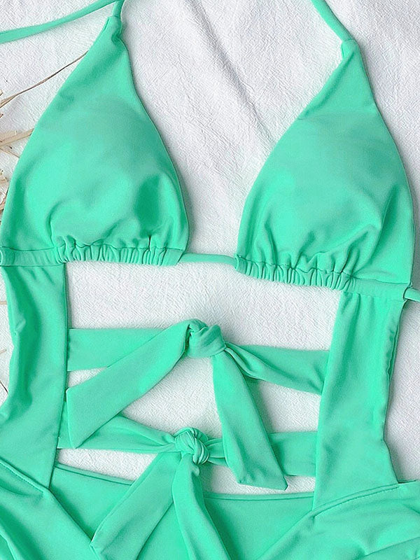 Sexy Solid Color Bandage Hollow One-Piece Swimsuit