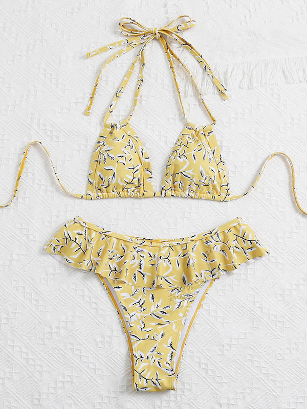 Floral-Print Falbala Triangles Split Bikini Swimsuit