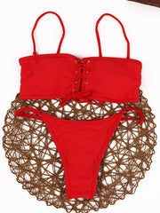 Solid Color Lace-Up Bikinis Swimsuit