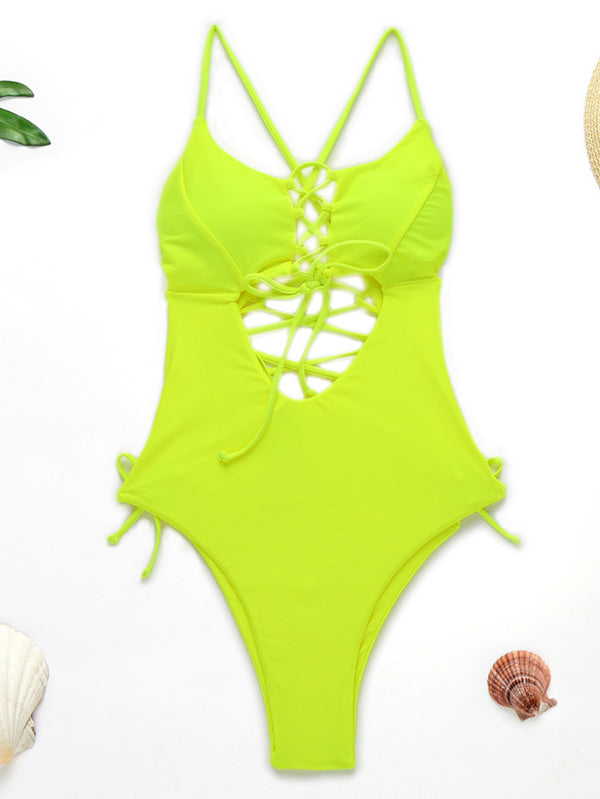 Fluorescent Color Spaghetti-Neck Hollow Bandage One-Piece Swimwear