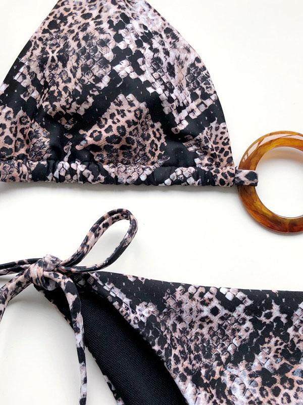 Snake-Print Embellished Bandage Split Bikini Swimsuit