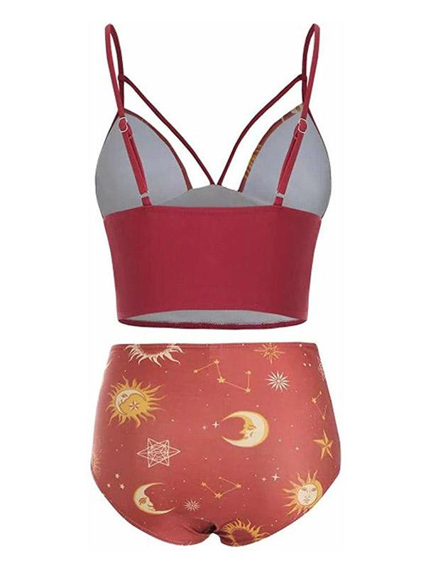 Sexy trägerloser Bandage-Bikini-Badeanzug mit geteiltem Sonnen- und Mond-Print 