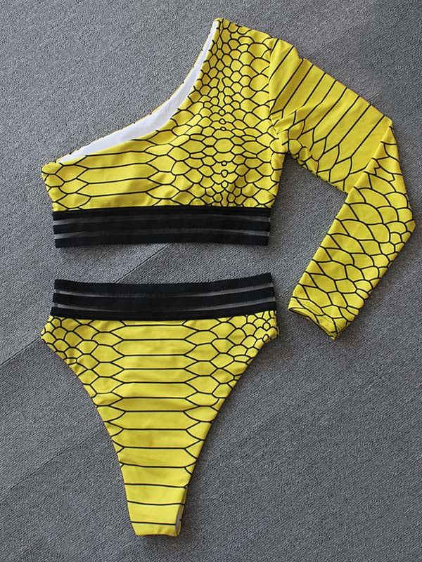 One-Shoulder Long Sleeve Snake-Print Split Bikini Swimsuit