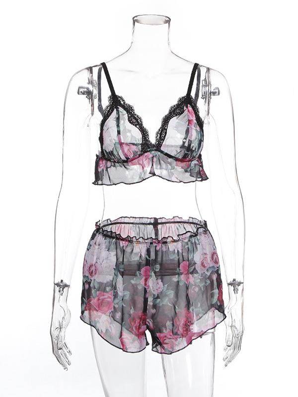 Chiffon Floral-Print  Pajamas Bodysuit Lingerie