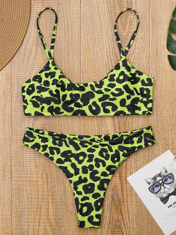 Leopard Print Spaghetti-Neck Split Bikini Swimsuit