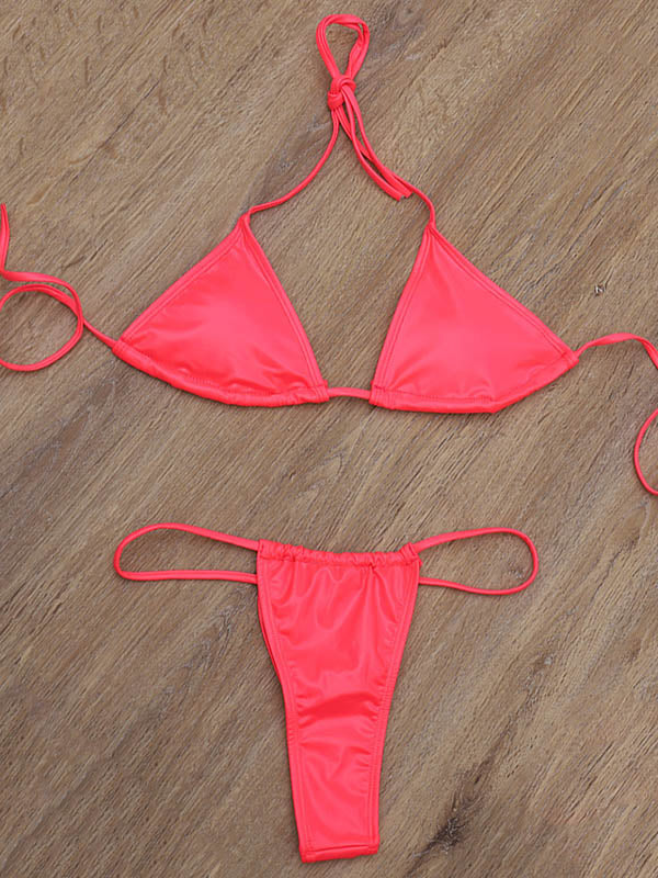 Patent Leather Solid Color Triangles Split Bikini Swimsuit