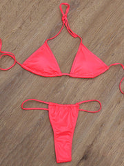 Patent Leather Solid Color Triangles Split Bikini Swimsuit