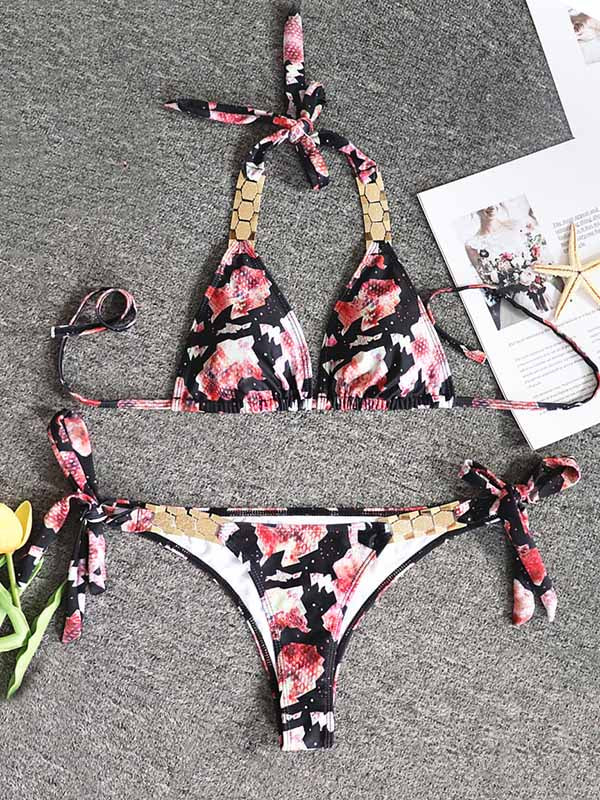 Sexy Snake-Print Embellished Halterneck Split Bikini Swimsuit