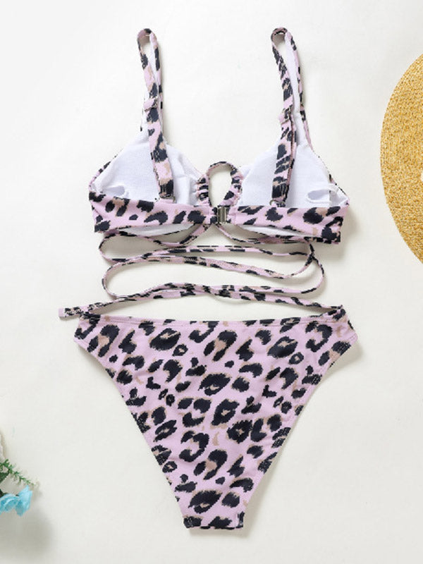 Leopard Print Bandage Hollow Split Bikini Swimsuit