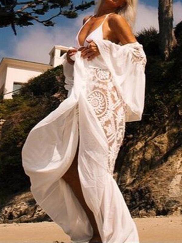 See-Through Split-Joint Embroidered Falbala Tunicshang Cover-Ups