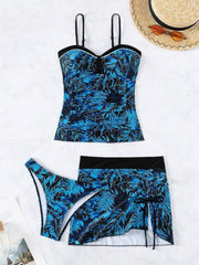 Dreiteiliges Tankini-Set mit Rock und Kokosnussblatt-Print