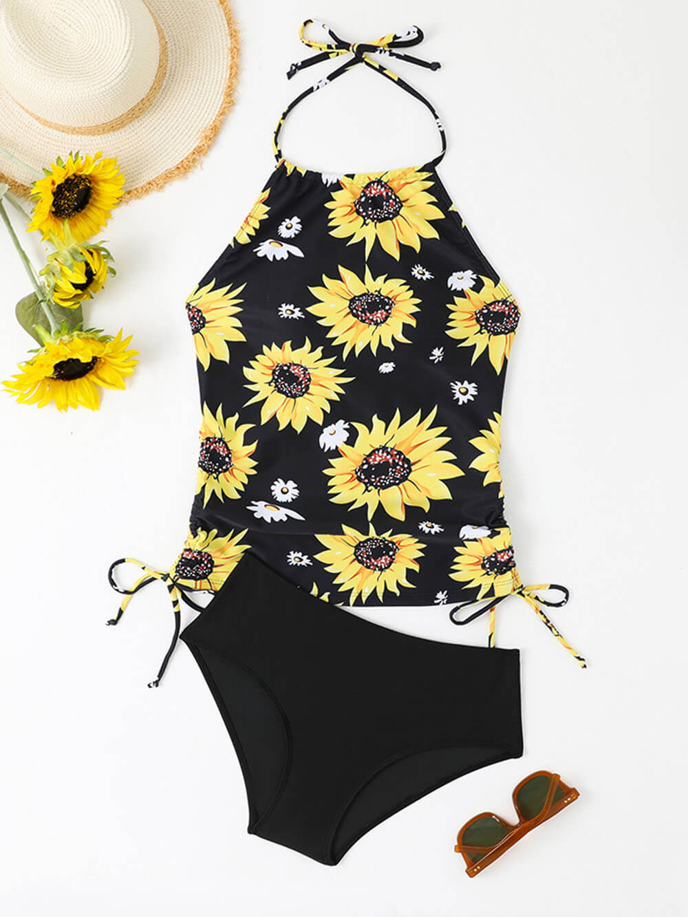 Tankini-Set mit Neckholder und Kordelzug und Sonnenblumen-Print