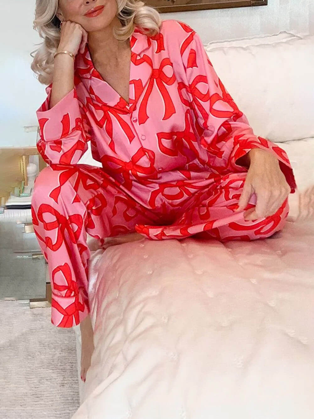 Bow Print Lapel Home Pajamas Set