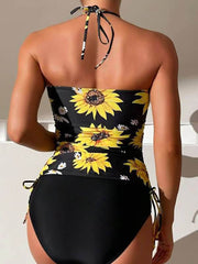 Sunflower Print Halter Neck Drawstring Tankini Set